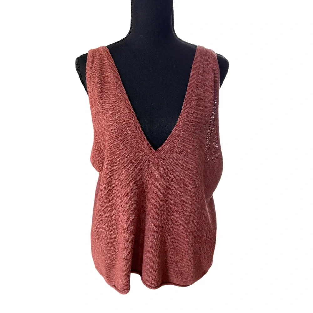 Free People Beach Womens XL Rust Knit V-Neck Tie Shoulder Open Back Tank Top